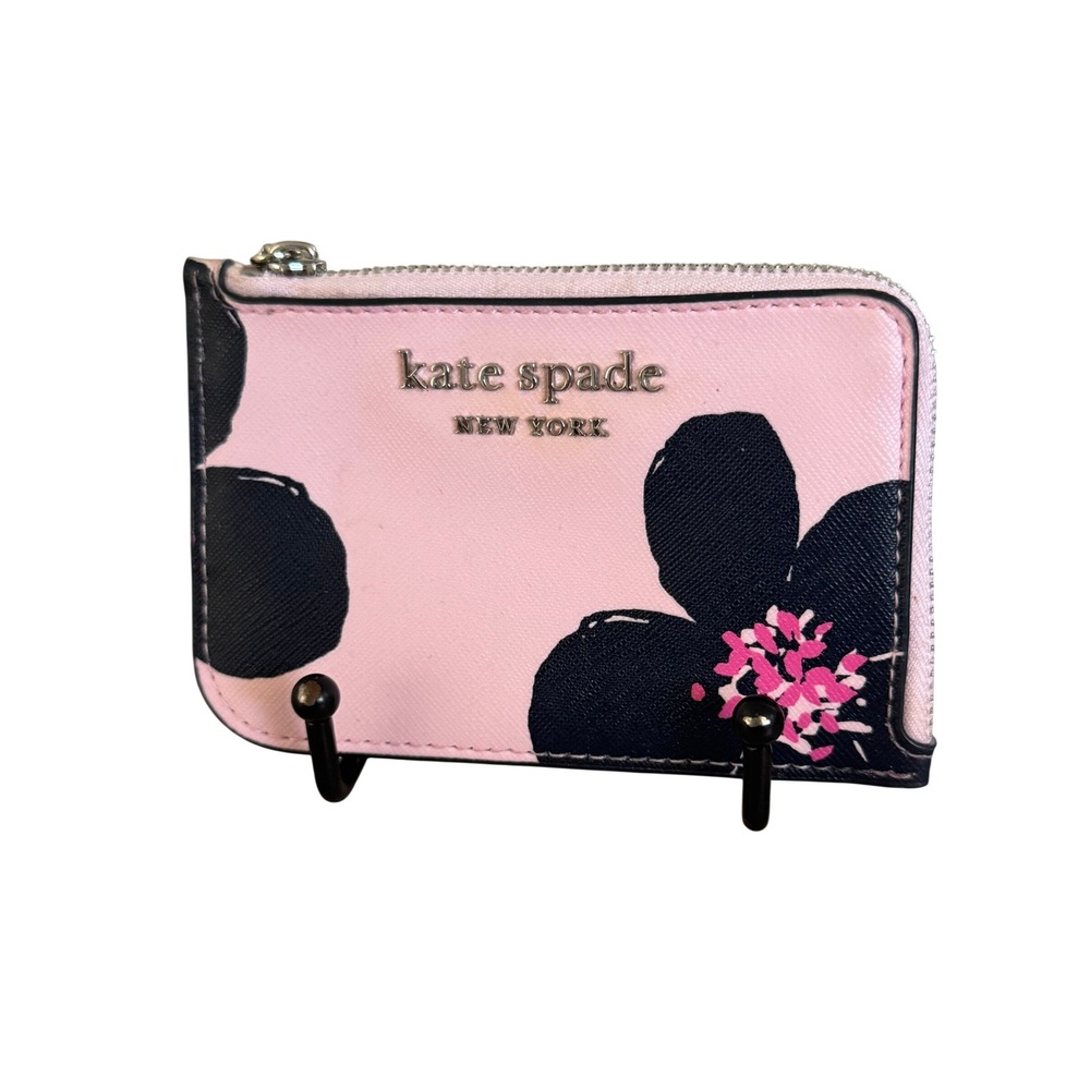 Kate Spade New York Pink Black Floral Leather L-Zip Card Holder Wallet Key Ring